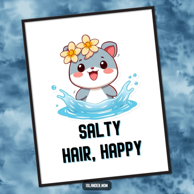 Funny poster print of a cheerful islander animal with a flower, splashing happily in clear blue water.