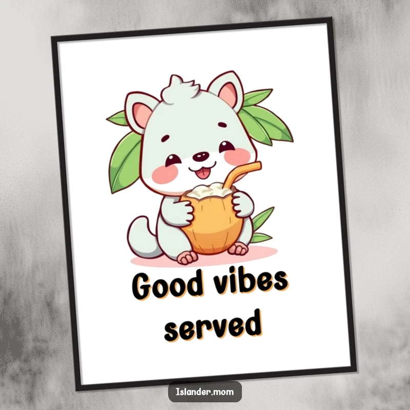 Funny poster of a kawaii islander animal with a massive happy grin, generously sharing a coconut drink.