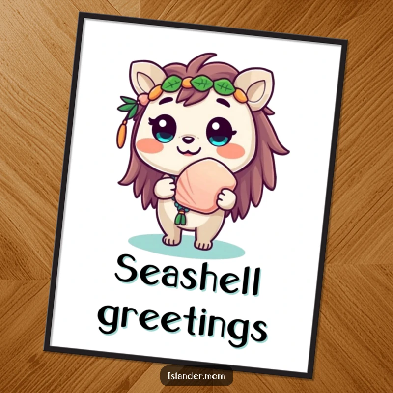 Funny poster print of a cute islander animal with a beaming smile, holding out a seashell as a gift.