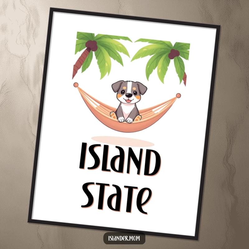 Funny dog relaxing in a hammock swaying gently between palm trees, tropical wall art, serene canine paradise.