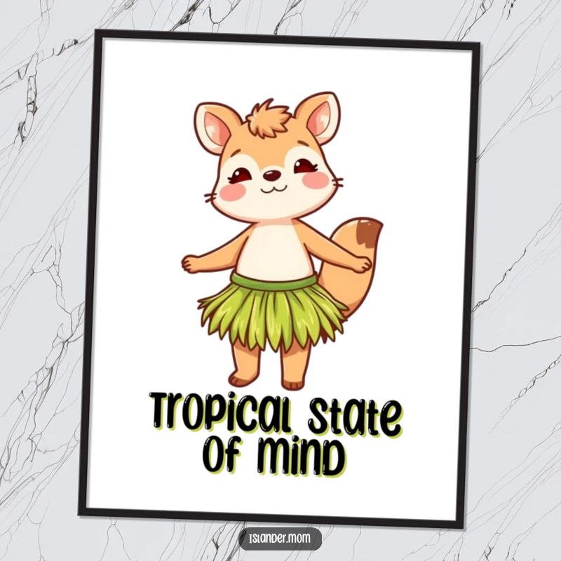 Funny poster of an animal character gracefully swaying in a grass skirt, bringing a vibrant tropical dance party to your wall.