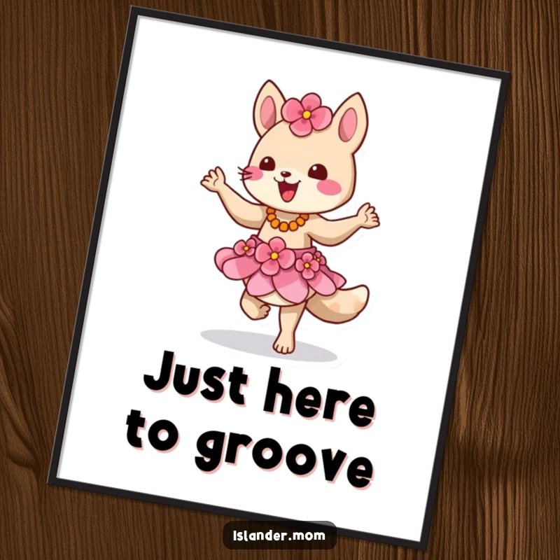 Funny poster of a lively island animal character wearing a flower skirt, captured mid-dance with a playful, tropical essence.