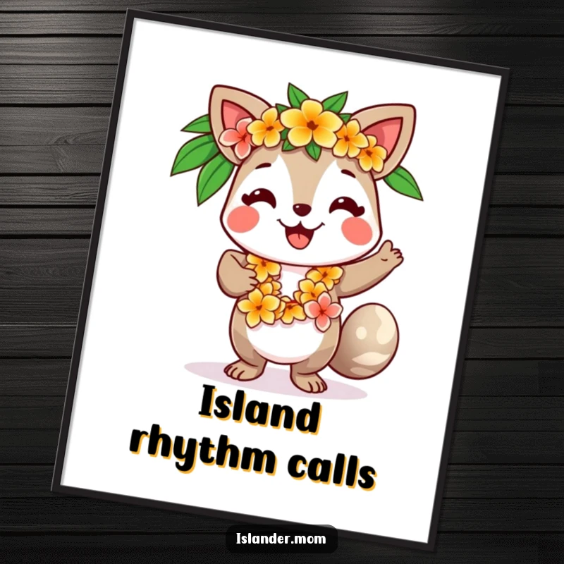 Funny poster of a smiling islander-style animal character with a flower lei, captured mid-dance with vibrant tropical energy.