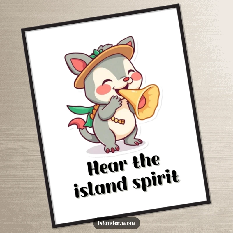 Funny Islander Animal Poster featuring a character playfully blowing a conch shell, bringing tropical vibes to wall art, a funny gift.