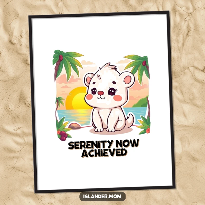 Funny poster showcasing a kawaii islander animal with eyes closed, peacefully watching a breathtaking sunset over the ocean.