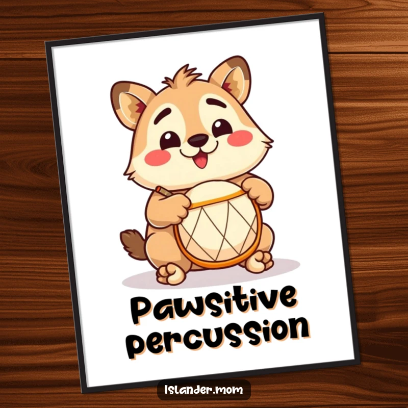 Funny Islander Drummer Poster: Wall art of an excited islander character playing a drum, tropical and funny gift.