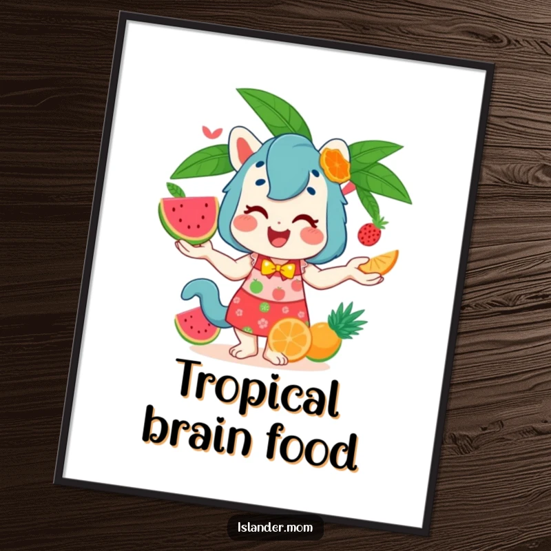 Funny Poster showcasing an islander mom animal with a beaming smile, expertly juggling a rainbow of tropical fruits, full of life.