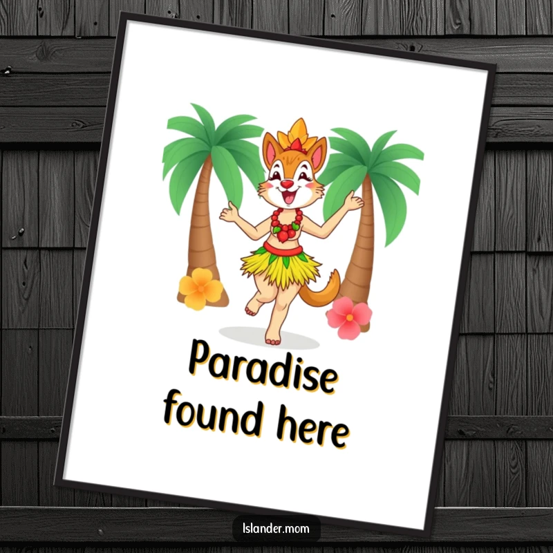 Funny Islander Mom Poster, humorous artwork of an islander mom in a grass skirt dancing with pure delight, perfect wall decor.