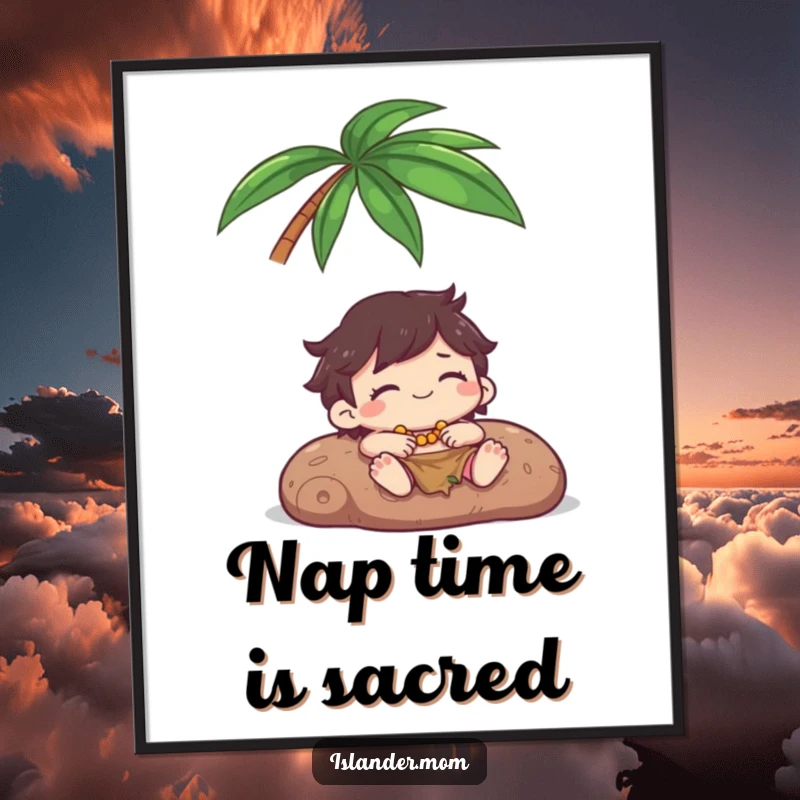 Funny Poster: A kawaii islander character is shown peacefully relaxing under a palm tree, eyes closed in a state of happy bliss.