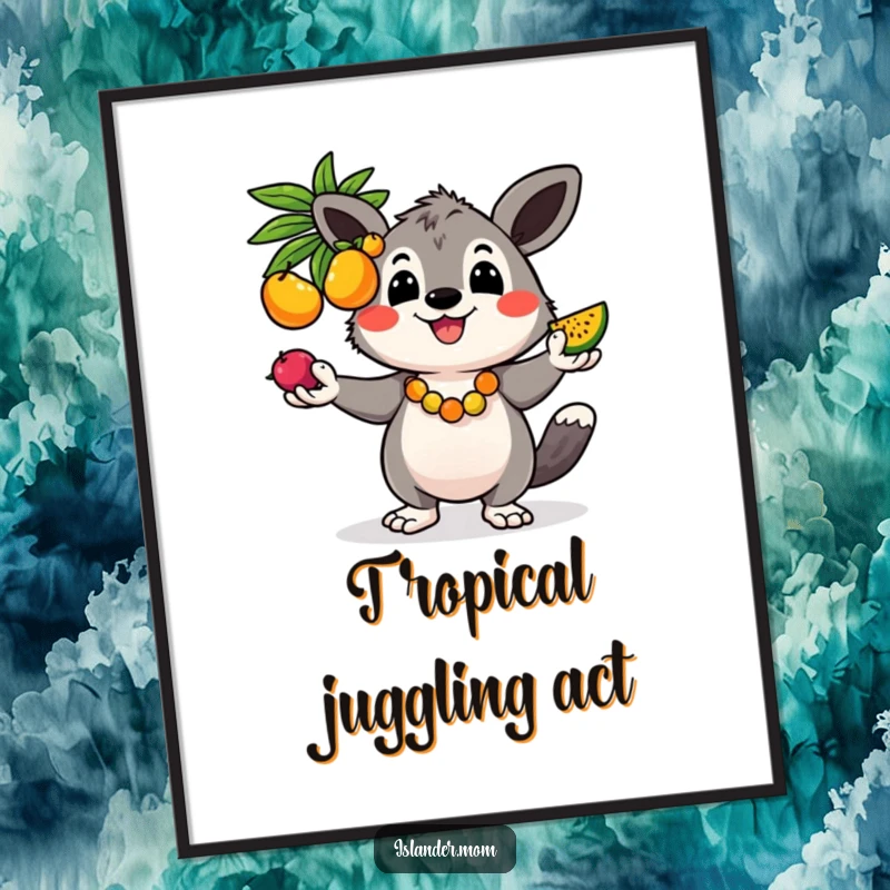 Funny poster showcasing a cheerful kawaii islander animal juggling colorful fruits, bringing tropical vibes and humor.