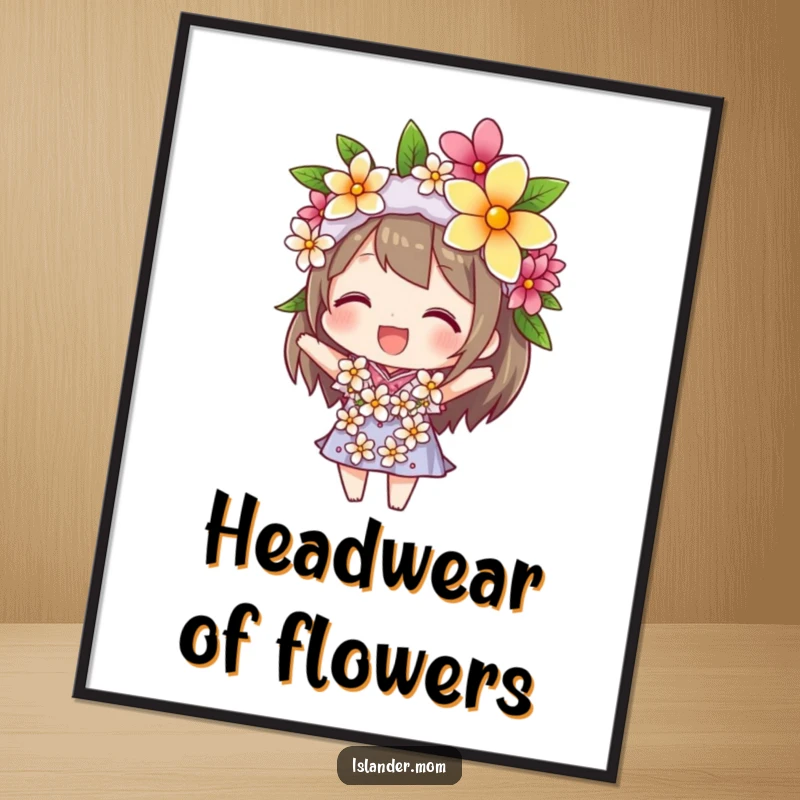 Funny poster art of a character joyfully balancing a flower lei on their head, radiating sunshine and tropical island happiness.