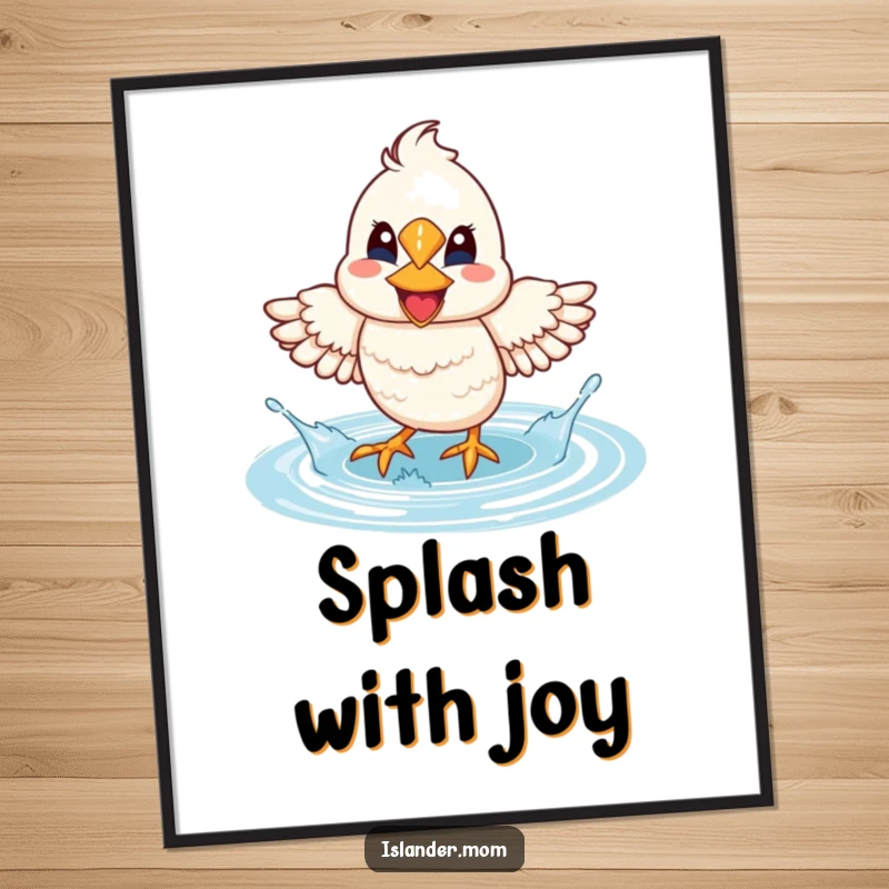 Funny Mama Bird Lagoon Splash Poster: A mama bird with a wide smile joyfully splashes water with its feet in a lagoon.