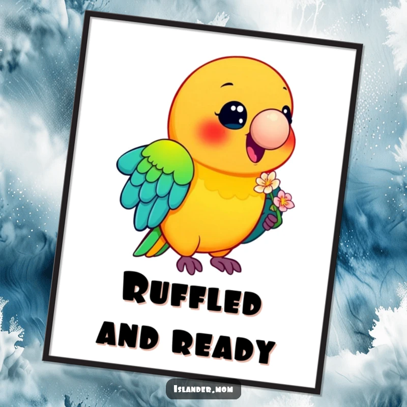 Funny Parrot Poster: A smiling parrot with a rainbow of feathers delicately carries a flower, creating a vibrant tropical vibe.