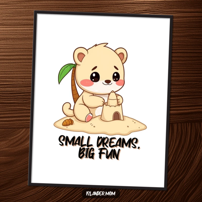 Funny poster of a kawaii islander animal looking delighted and focused while constructing a miniature sandcastle.