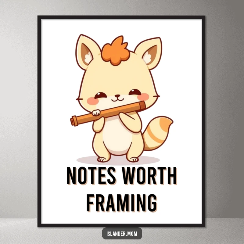 Funny spirited animal playing a simple flute with a broad smile, a humorous and musical poster for wall decoration.