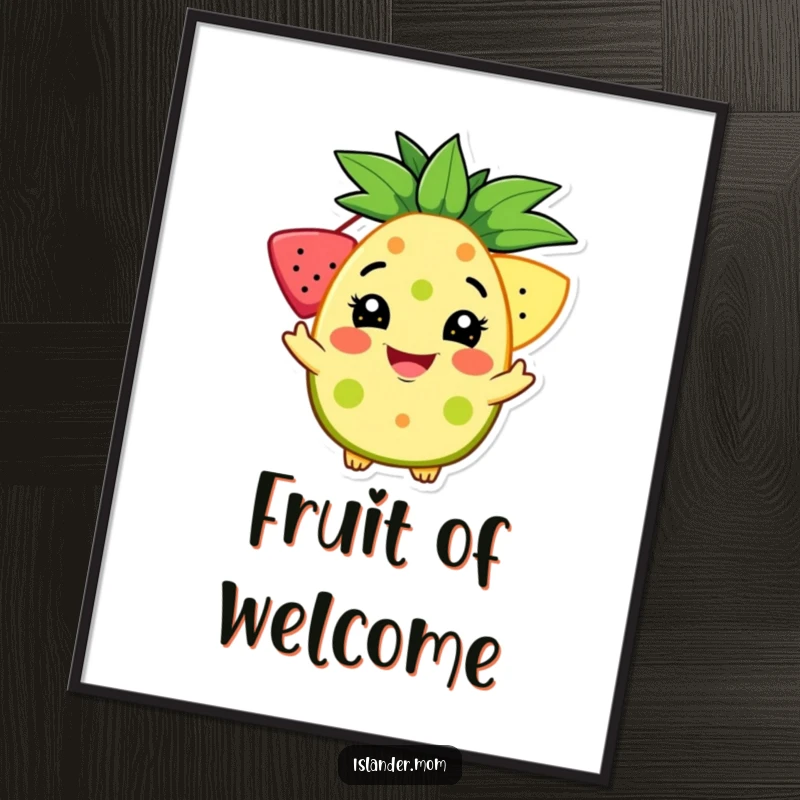 Funny poster art of a character with a wide, welcoming grin offering a selection of vibrant tropical fruits, radiating hospitality.