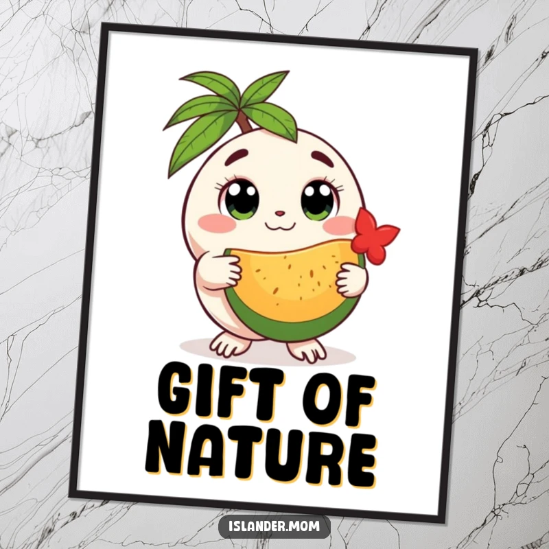 Funny round island creature poster, depicting a creature with big, gentle eyes offering a tropical fruit, perfect for heartwarming decor.