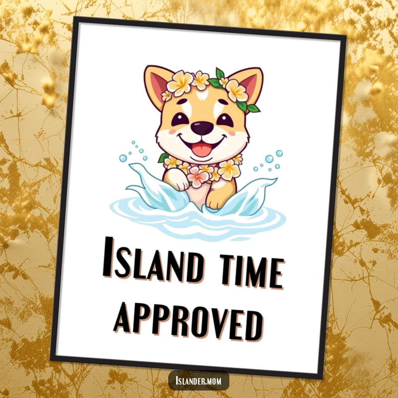 Funny beach dog poster showcasing a smiling dog with a flower lei, happily splashing in gentle ocean waves, bringing tropical vibes.
