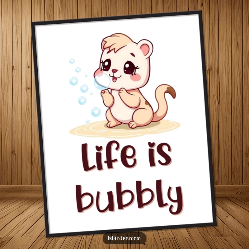 Funny poster of an islander mom animal playfully blowing bubbles on a sunny beach, adding a cheerful touch to any room.