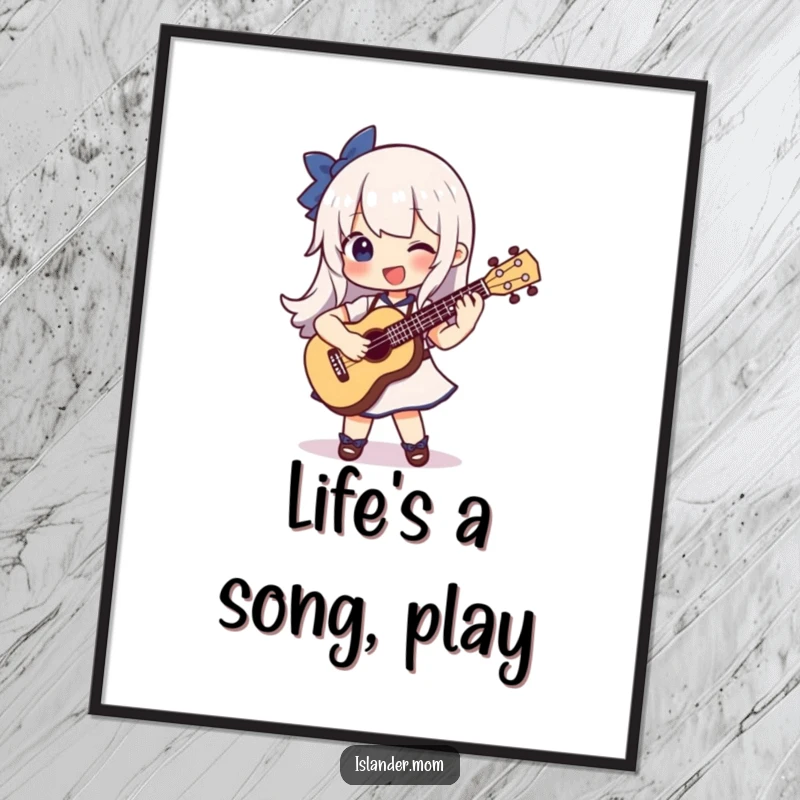 Funny poster art of a character with pure joy strumming a ukulele, celebrating the happiness of music creation.