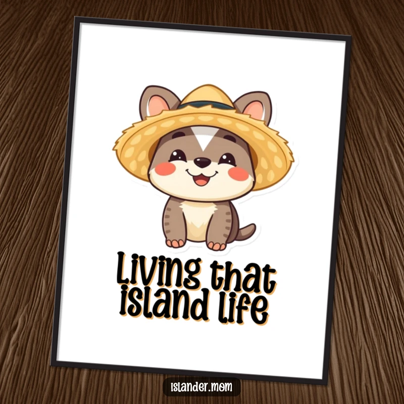 Funny Islander Animal Poster featuring a smiling character wearing a straw hat, bringing tropical vibes to wall art, a funny gift.