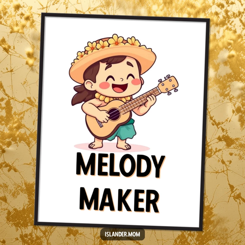 Funny Poster showcasing a joyful islander character playing a ukulele, bringing a cheerful musical atmosphere to any space.