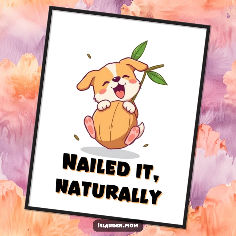 Funny dog poster showcasing a dog leaping with its paws out to catch a falling coconut, captured mid-action with a happy bark.