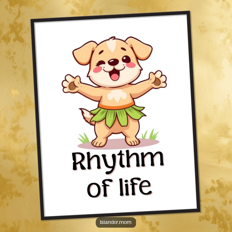 Funny hula dog poster showing a dog in a grass skirt dancing enthusiastically, bringing tropical party vibes to your wall.