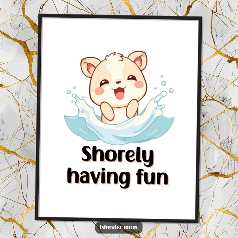 Funny poster of a joyful animal character playfully splashing in gentle waves, invoking feelings of summer, fun, and beach relaxation.