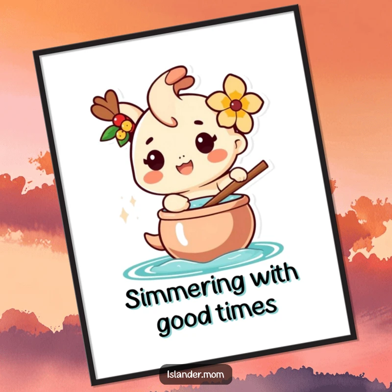 Funny poster of a happy islander character with a flower, cheerfully stirring a large pot, bringing tropical cooking humor.