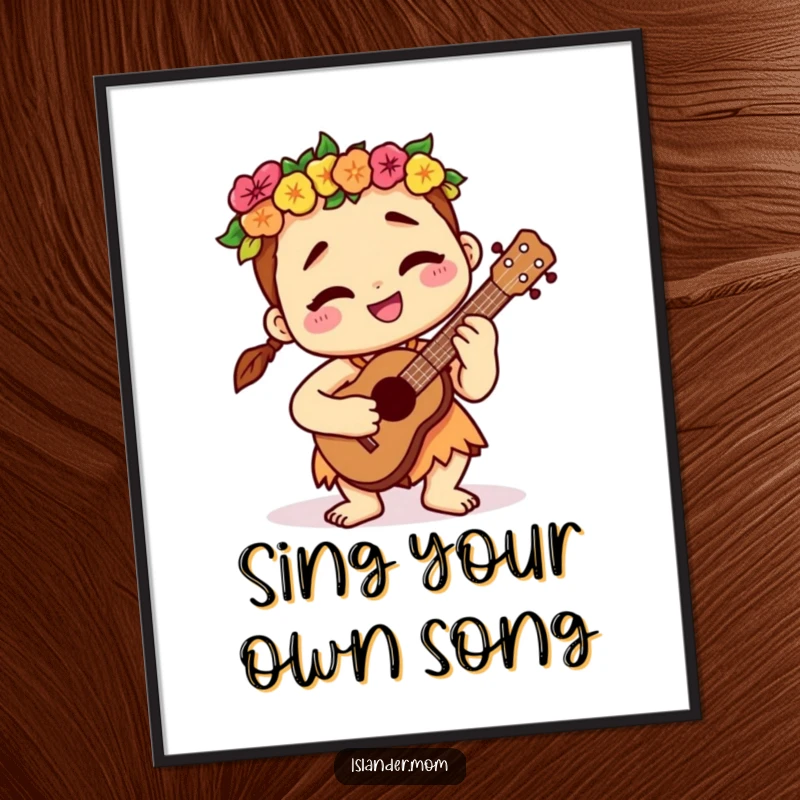 Funny kawaii islander character depicted playing a ukulele with a deeply contented smile on a vibrant, relaxing poster.