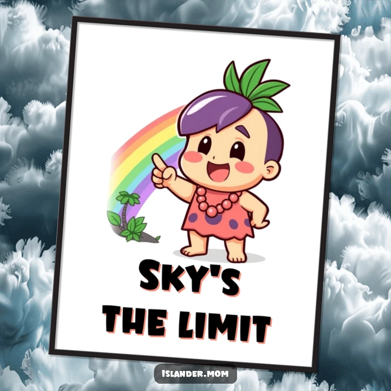 Funny Poster depicting an overjoyed islander character pointing at a brilliant rainbow, creating a cheerful and inspiring atmosphere.