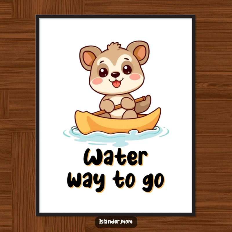 Funny animal character in a small canoe, paddling happily with a massive smile, bringing a sense of adventure and humor to any wall.