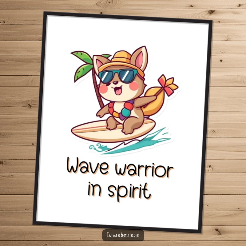 Funny Islander Animal Poster featuring a character cheerfully riding a small surfboard, bringing coastal vibes to wall art, a funny gift.