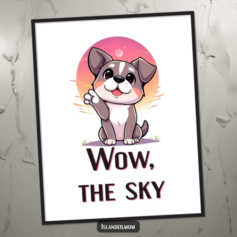 Funny dog gesturing towards a vibrant sunset with a look of pure wonder, serene wall art, canine appreciation.