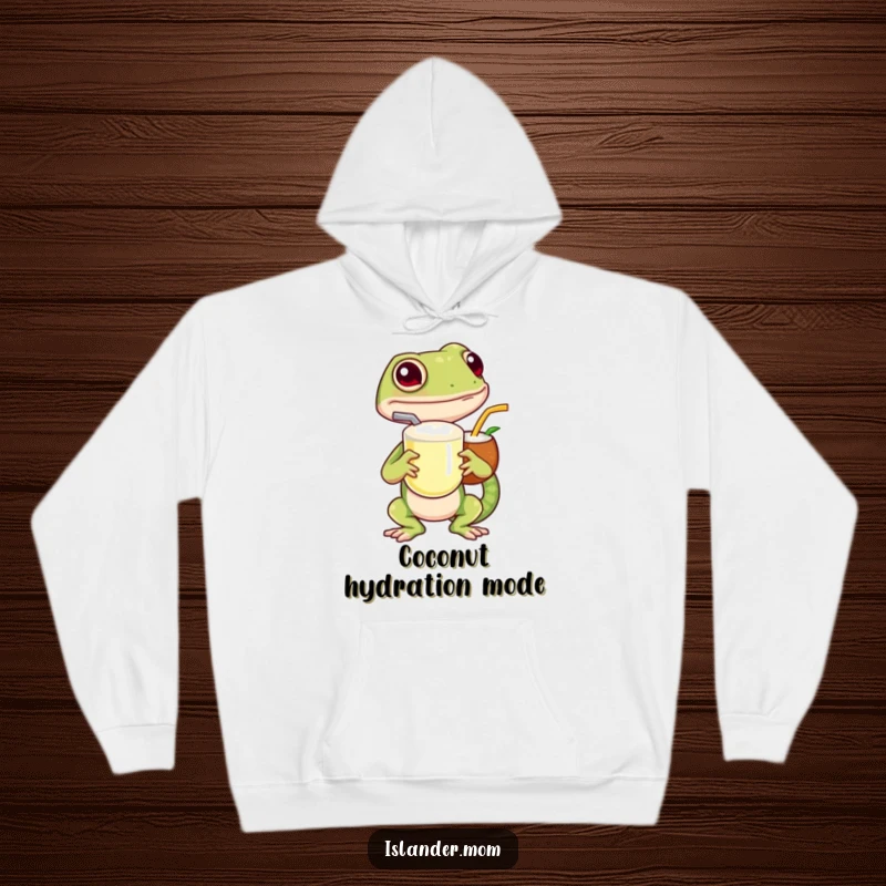 Funny island gecko hoodie, showing a relaxed gecko with a coconut drink, offering warmth and a touch of tropical humor.