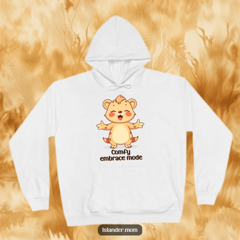 Funny Hoodie depicting a loving islander mom animal offering a gentle hug with open arms, radiating warmth and care.