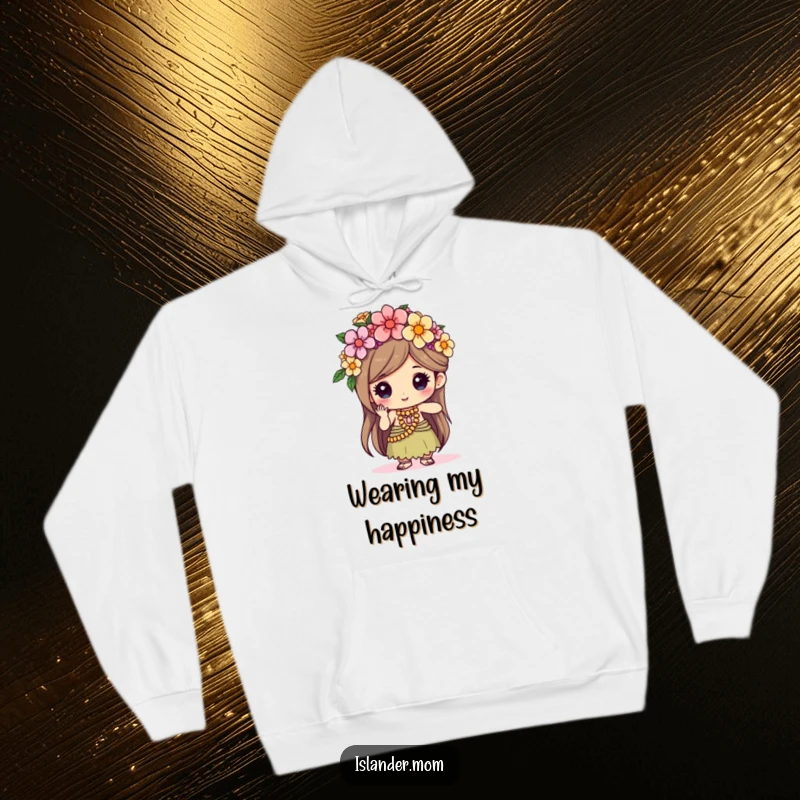 Funny kawaii islander character in a hoodie, engrossed in weaving a beautiful flower crown with focused delight.