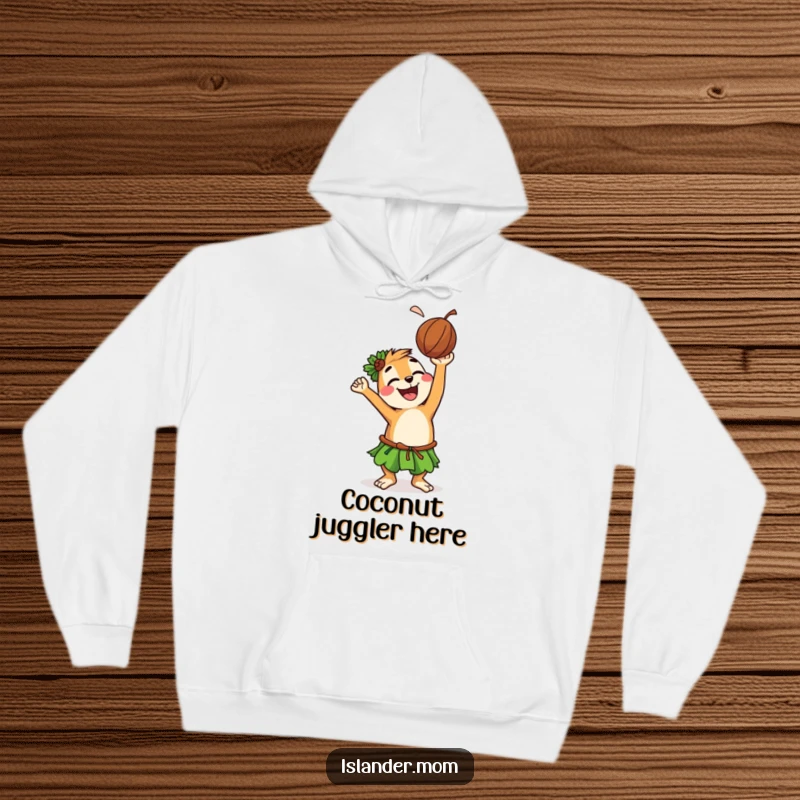 Funny hoodie depicting a smiling islander animal character gleefully tossing a coconut overhead, radiating playful island energy and warmth.