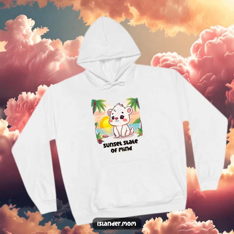 Funny hoodie with a kawaii islander animal enjoying a scenic sunset, conveying deep contentment and peacefulness.