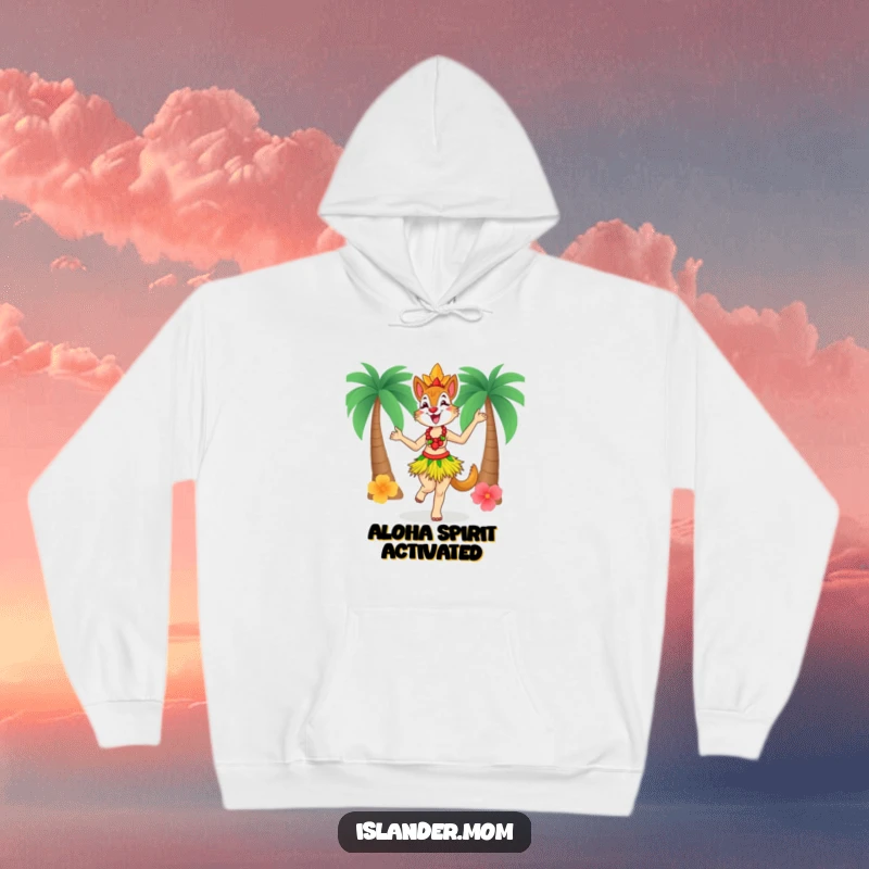 Funny Islander Mom Hoodie, soft and cozy, depicting an islander mom in a grass skirt dancing with delight, ideal for island lovers.