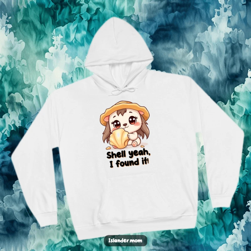 Funny hoodie showing a cute kawaii islander animal with large eyes, fascinated by a shiny seashell.