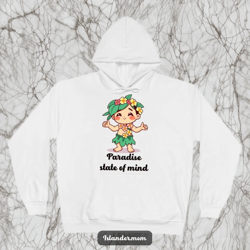 Funny Kawaii islander hoodie showing a character with a flower lei, dancing freely with happy energy.