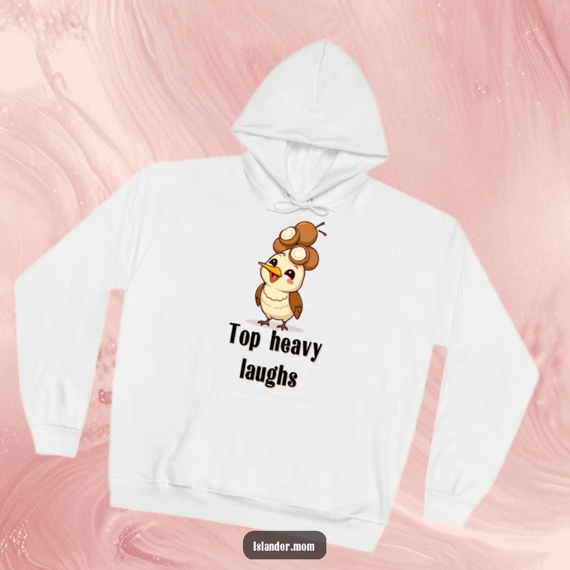 Funny Mama Bird Coconut Head Hoodie: A mama bird giggles heartily while balancing a precarious pile of coconuts on its head.