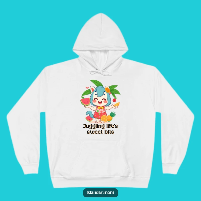 Cozy Islander Mom Animal Fruit Juggling Hoodie - Funny Tropical Gift!