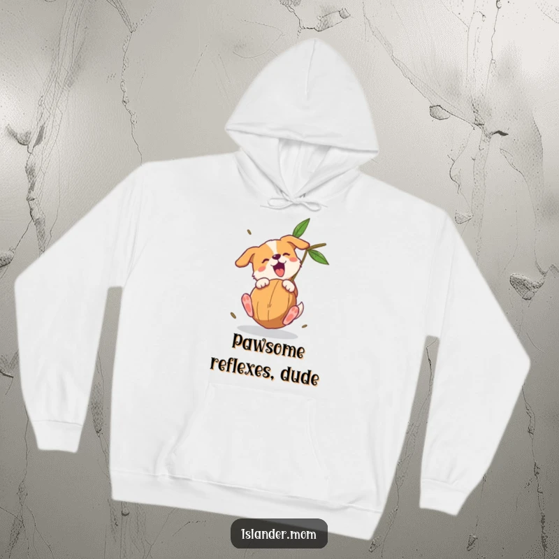 Funny dog hoodie showing a dog with nimble paws catching a falling coconut, exuding playful energy and a sense of accomplishment.