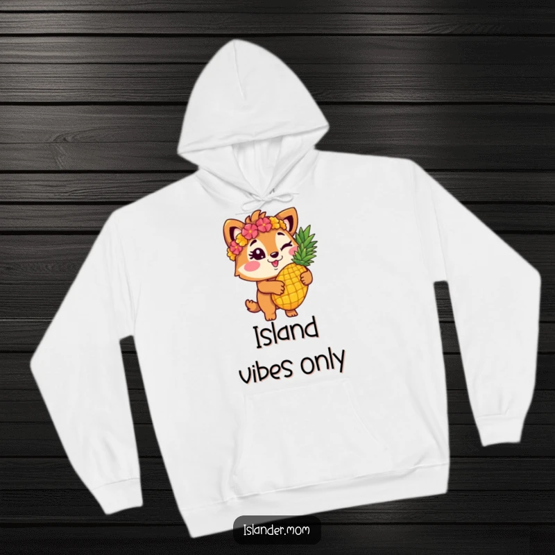 Funny islander animal character winking while holding a pineapple, printed on a cozy hoodie for ultimate comfort.