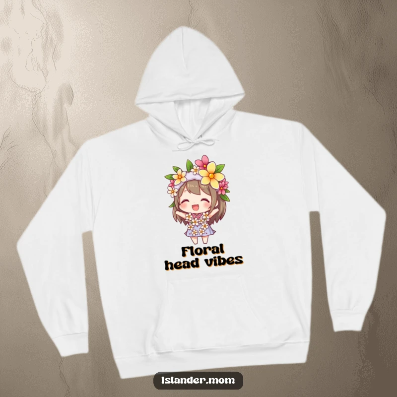 Funny hoodie design of a beaming character with a flower lei on their head, offering cozy comfort and tropical, lighthearted fun.