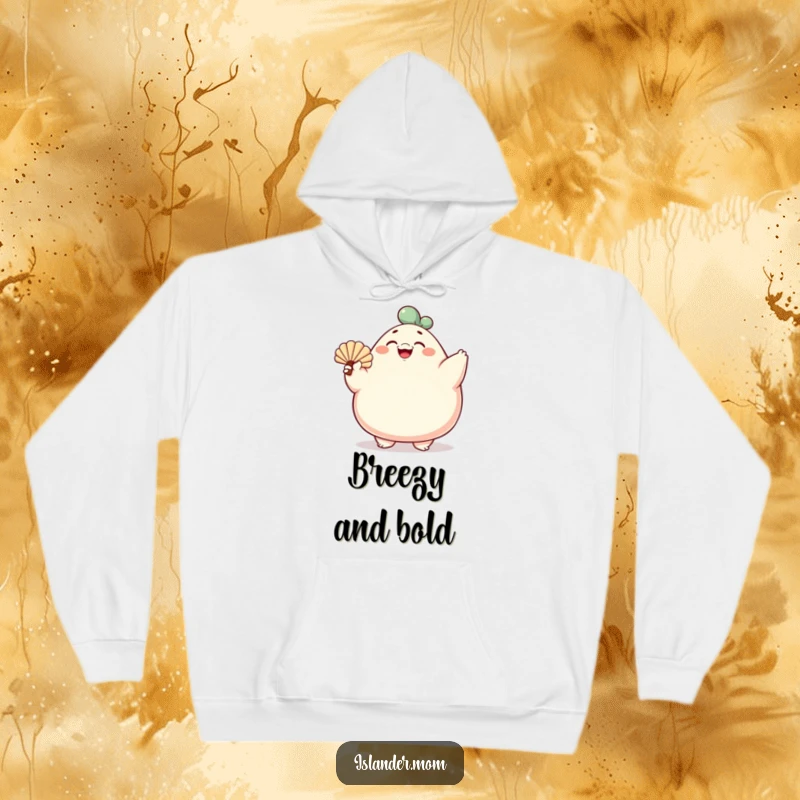 Funny hoodie featuring a rotund character fanning with a shell, symbolizing cozy humor and radiating broad smiles.