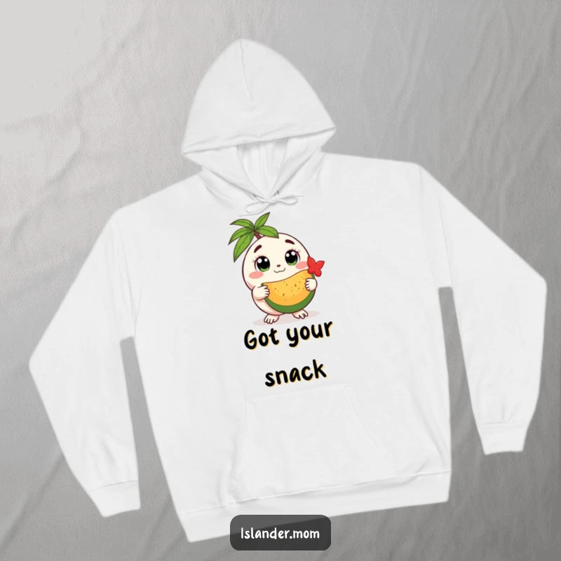 Funny round island creature hoodie, featuring a creature with gentle eyes offering fruit, offering warmth and a touch of sweetness.